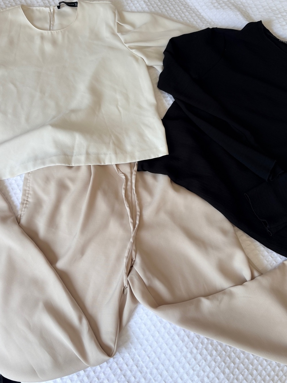 Zara set of 3 Cream Cropped Top & Black Sweater Beige Pants - Neutral Basics